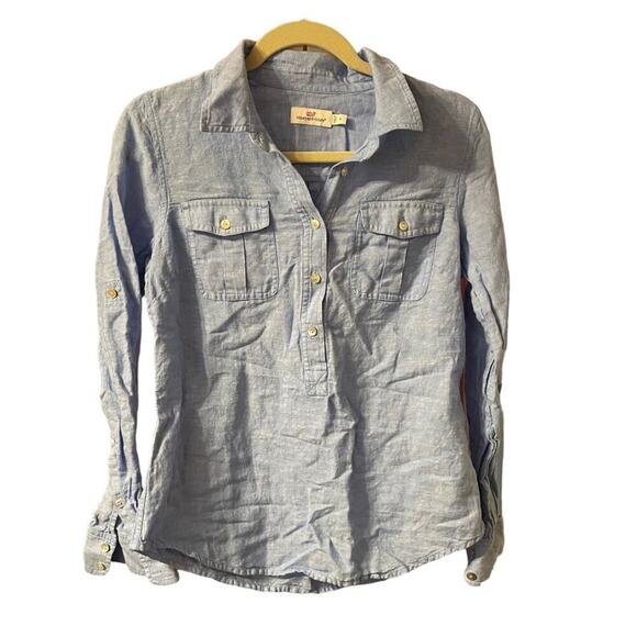 VINEYARD VINES BLUE LINEN POPOVER BLOUSE - Picture 1 of 5